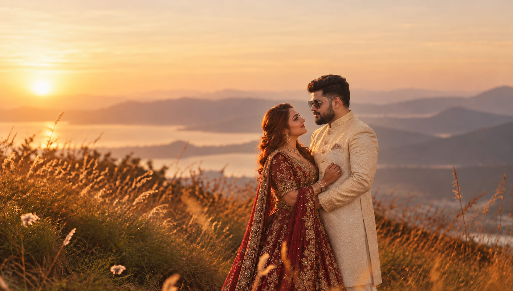 Neha and Vikas standing close together in golden-hour light among tall grass, gazing at each other