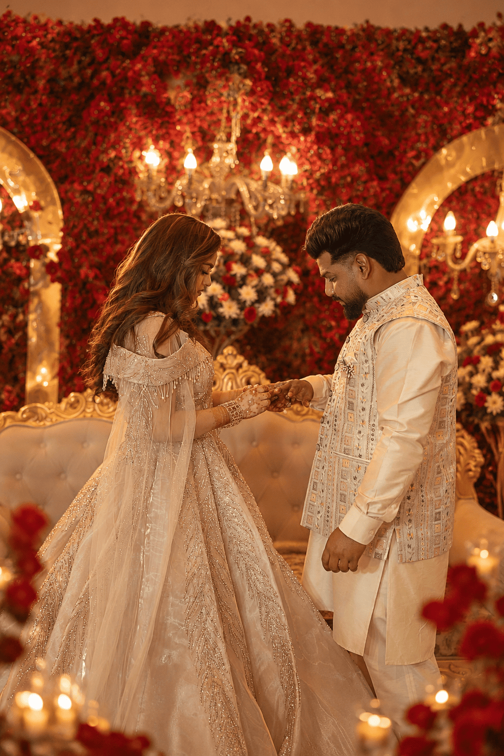 Vikas kneeling with a ring as Neha covers her mouth in delighted surprise on a rooftop at dusk